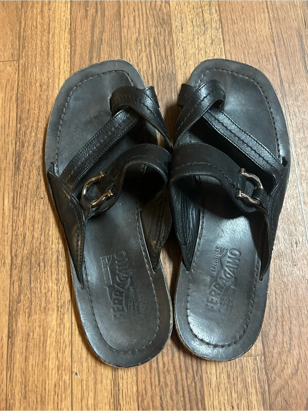 Ferragamo Black Leather Buckle Slide Sandals